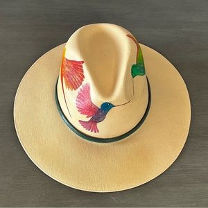 Rosario Alvarez Straw Rancher Hand Painted Hummingbird Multicolor Teal Pink Hat